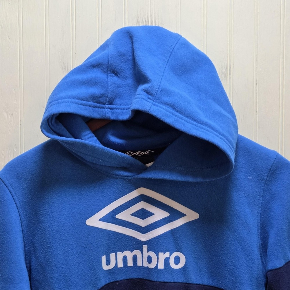 Umbro Hoodie Boys 12-14 Blue Fleece Pullover Kangaroo Pocket Logo Sweatshirt